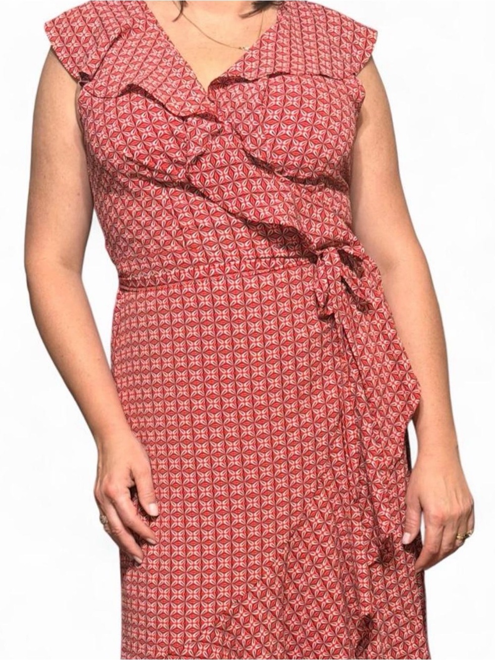Max Studio Red Printed Wrap Midi Dress with Ruffle Detail